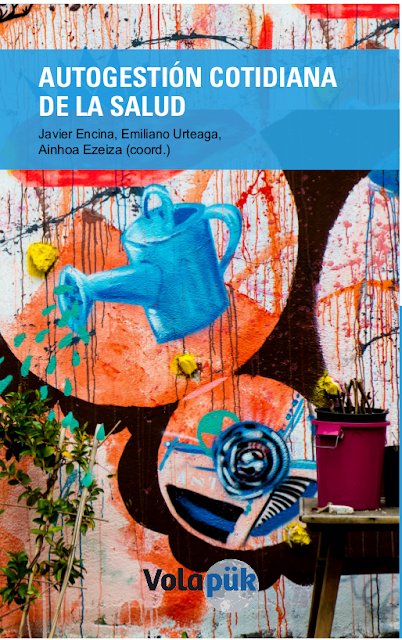 Portada del libro "Autogestión cotidiana de la salud". Diseño de Dulce Hernández sobre fotografía del Huerto del Patio Maravillas